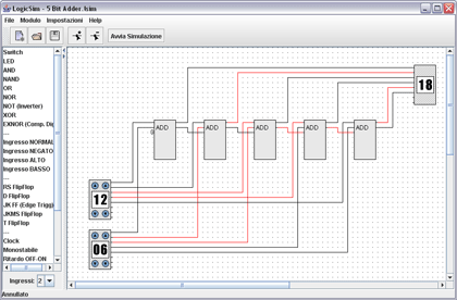 Sommatore a 5 bit realizzato con moduli Full Adder